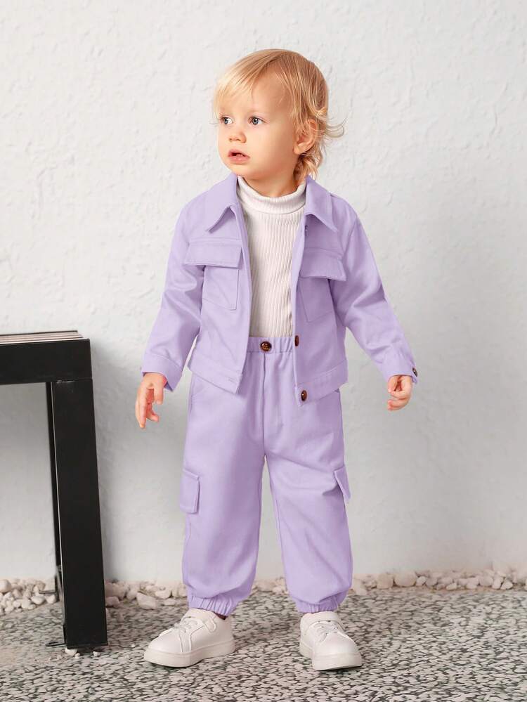 Baby Girl Bear & Slogan Embroidered Flap Detail Jacket & Pants