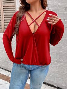 Calvaya Plus Size Cross Wrap Front T-shirt - Red - View 6
