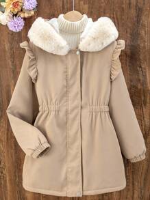 SHEIN Tween Girl Hooded Cinched Waist Khaki Padded Coat - Khaki - View 1
