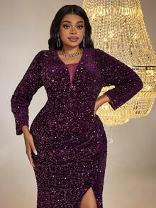 Women's Glittering Long Sleeve Bodycon Evening Dress - Purple - View 6