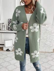 SHEIN Essnce 女士花朵圖案開襟毛衣 - 綠色 - 查看 4