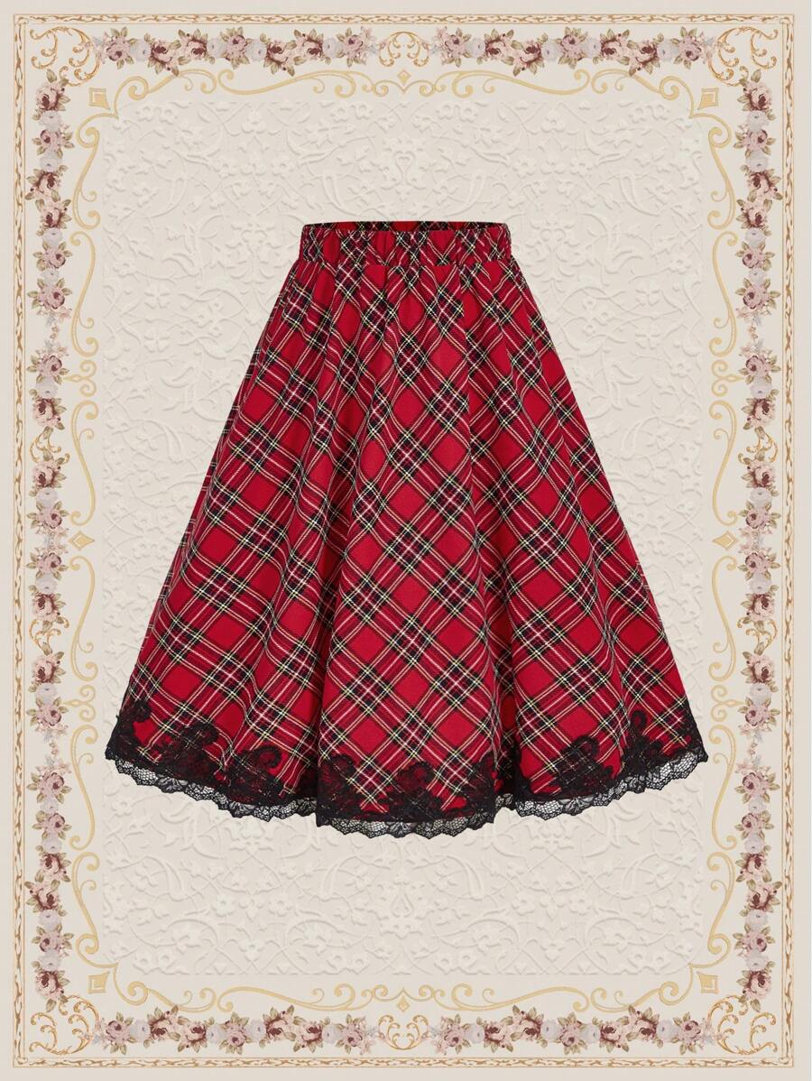 Vintamour 復古聖誕女裝格紋擴腳短裙 - 紅色 - 查看 1