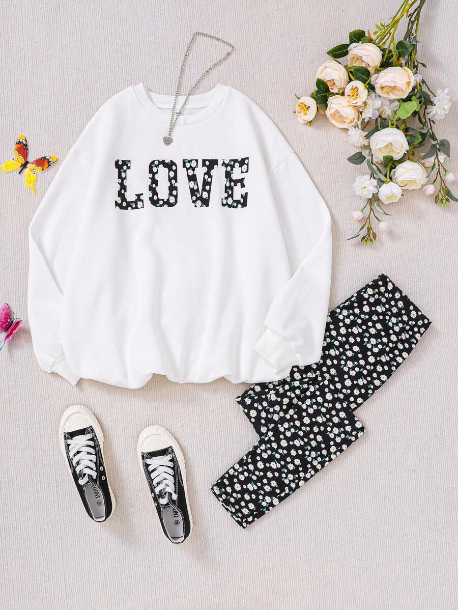 SHEIN 青少年女孩字母和碎花落肩袖套頭衫&緊身打底褲 - 彩色 - 查看 1