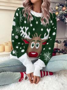 SHEIN LUNE Women's Sweater With Reindeer & Snowflake Patterns - Dark Green - View 6