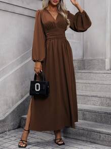 EMERY ROSE Lantern Sleeve Split Thigh Dress Maxi Women Outfit Fall Cloth For Women - Chocolate Brown - View 3