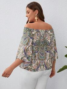 SHEIN VCAY Plus Size Peplum Paisley Print Off Shoulder Blouse - Multicolor - View 2