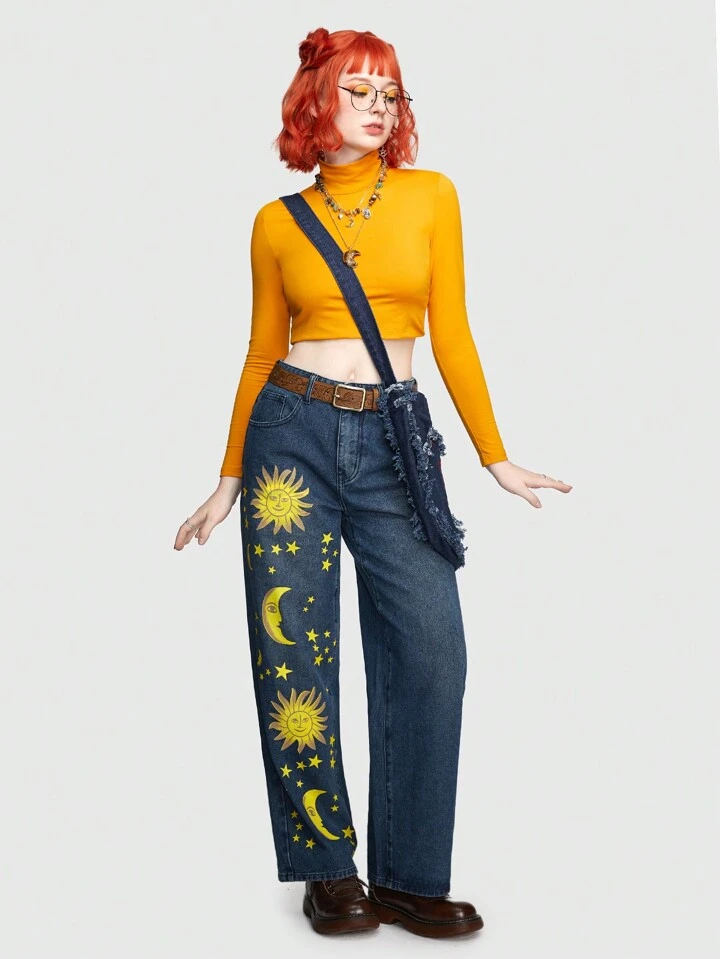 Our Fairycore Jeans With Sun & Moon Design Pattern is such a vibe