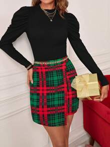 SHEIN Clasi 1pc Gigot Sleeve Tee & 1pc Plaid Print Asymmetrical Hem Skirt