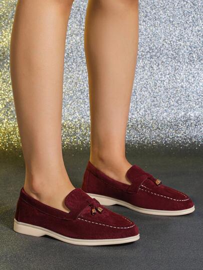 Women's Flat Round Toe Shallow Slip-On Loafers, 2025 Spring & Summer New Burgundy, Blood Red, Large Size 41-43, Casual Soft Bottom Oxford Shoes For Work