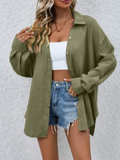 SHEIN LUNE Solid Texture Shirt,Long Sleeve Tops Fall Cloth For Women