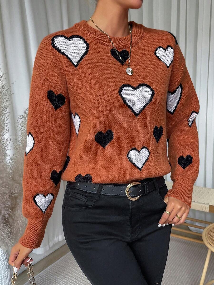 SHEIN LUNE Heart Pattern Drop Shoulder Sweater - Orange - View 1