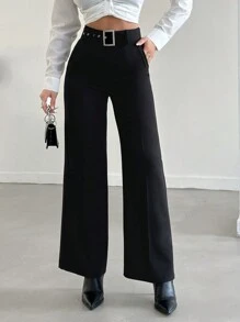 EURMUSE High Waist Belted Wide Leg Pants - Black - View 1