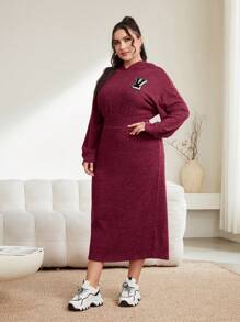 Mulvari 酒红色加字母贴片落肩连帽连衣裙 - 酒紅色 - 查看 5