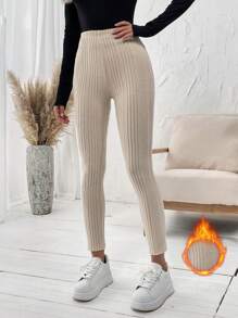 SHEIN LUNE 素色高腰緊身打底褲 - 杏色 - 查看 1