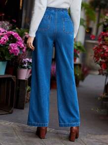 SHEIN Frenchy 女款高腰闊腿牛仔長褲,搭配裝飾扣環和鬆緊後腰帶 - 中等水洗藍 - 查看 2
