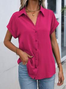 SHEIN LUNE Blusa De Manga Corta Con Alas De Murciélago Para Mujer - Rosa Fucsia - Ver 5
