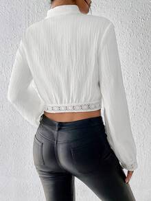 SHEIN Privé 水溶蕾絲拼接燈籠袖短款襯衫 - 白色 - 查看 2