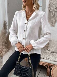 SHEIN LUNE 女性素色燈籠袖襯衫 - 白色 - 查看 5