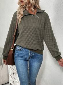 SHEIN LUNE Half Zipper Collar & Drop Shoulder Sweatshirt Pullover Fall Outfit - Army Green - View 1