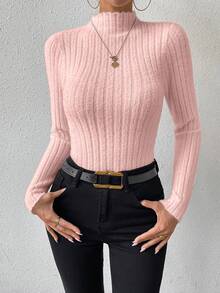 SHEIN Essnce 立領純色套頭毛衣 - 粉色 - 查看 3