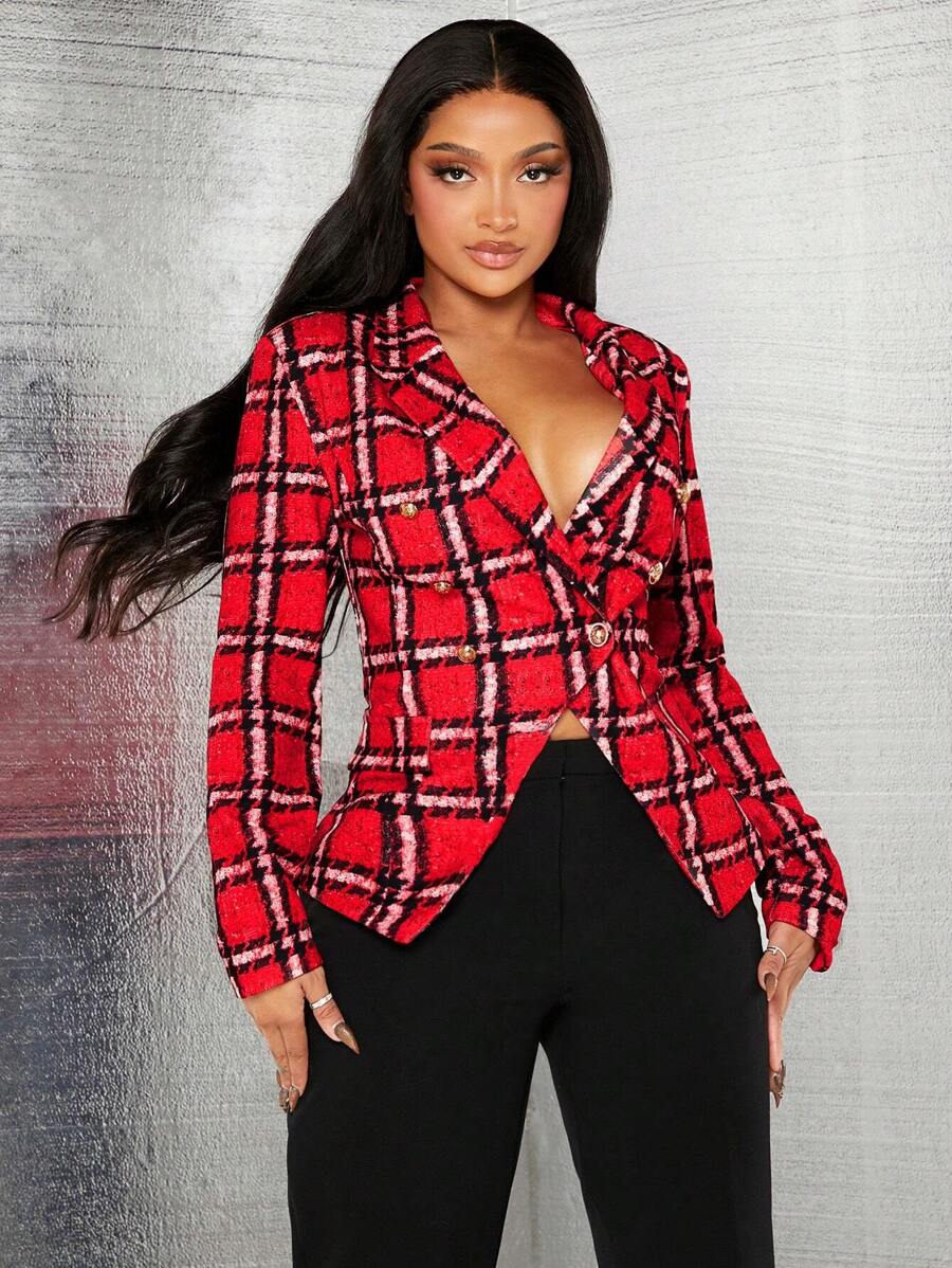 SHEIN SXY 女款紅色格紋西裝外套 - 玫瑰紅 - 查看 1