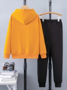 Teen Boy卡通印花連帽衛衣和運動長褲套裝 - 橘色 - 查看 2