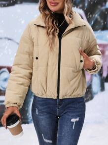 SHEIN LUNE Side Pocket Drop Shoulder Long Sleeve Zipper Padded Padded Coat Clothes Winter