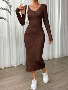 SHEIN Essnce Solid Ribbed Knit Sweater Dress - Coffee Brown - View 5