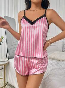 SHEIN 女士撞色蕾丝条纹吊带上衣和短裤睡衣套装 - 粉色 - 查看 6