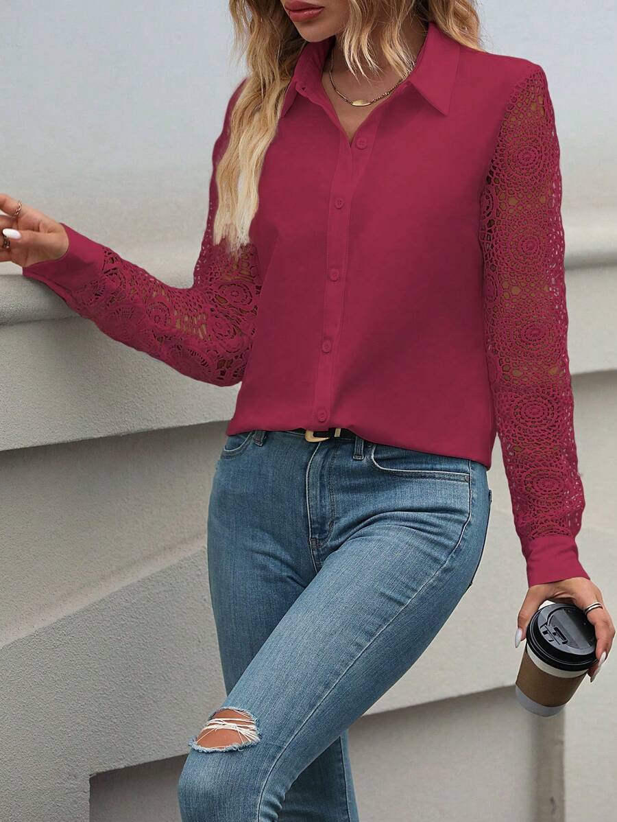 SHEIN Clasi Ren Vá lại Áo sơ mi - Màu Đỏ Sâu - Xem 1