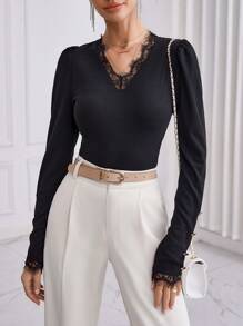 SHEIN Privé Lace Collar & Cuff Long Sleeves Top - Black - View 7