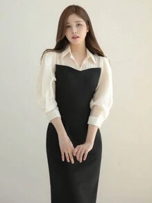 DAZY Váy sơ mi phối màu dành cho nữ - Đen và trắng - Xem 5