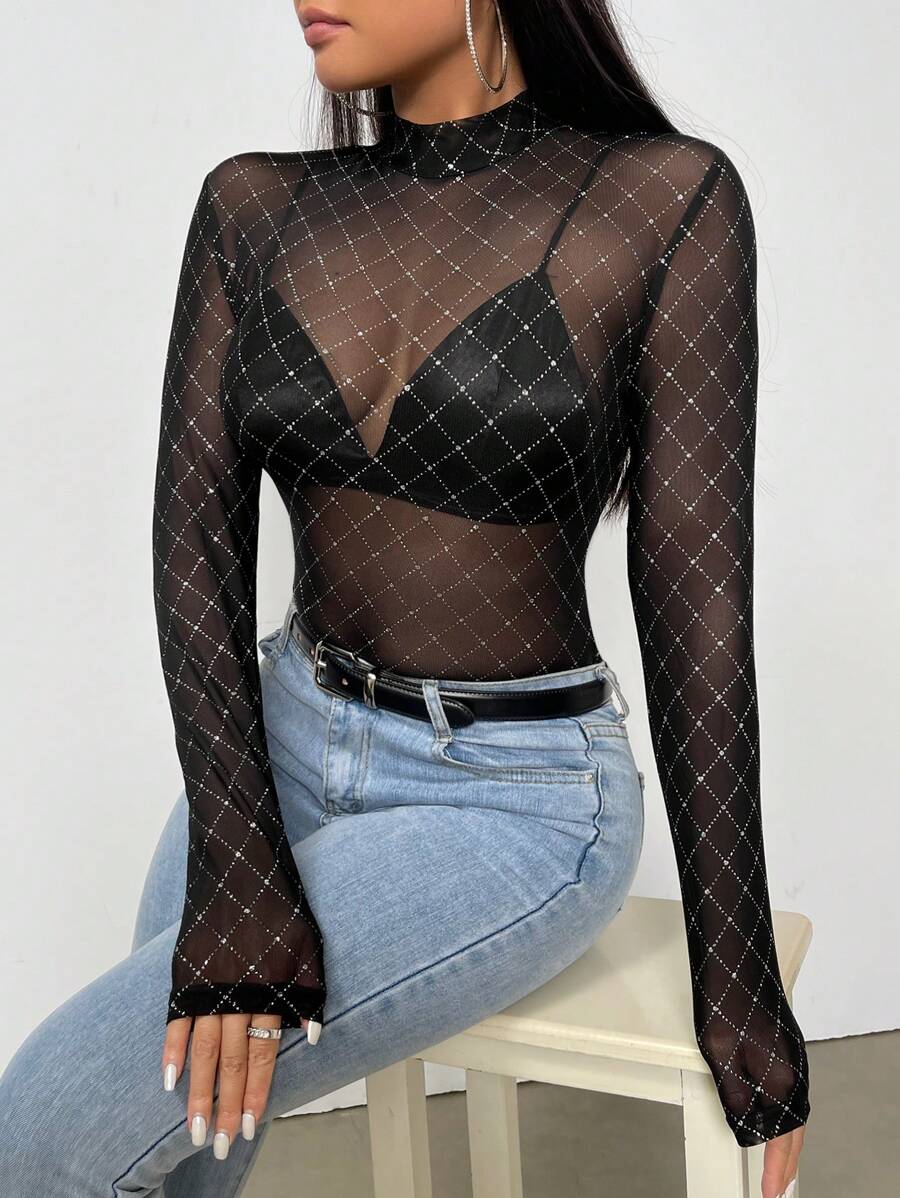 SHEIN Privé 半高領透視網眼上衣 - 黑色 - 查看 1