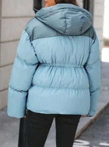 SHEIN LUNE 斜口袋连帽棉服夹棉外套衣服冬季 - 淺藍色 - 查看 2