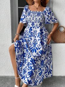 Breezaya Vestido con estampado de cuello cuadrado de manga mariposa bajo con fruncido - Azul y blanco - Ver 8