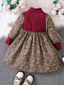 SHEIN 女孩甜美花卉印花秋冬裝 - 酒紅色 - 查看 2