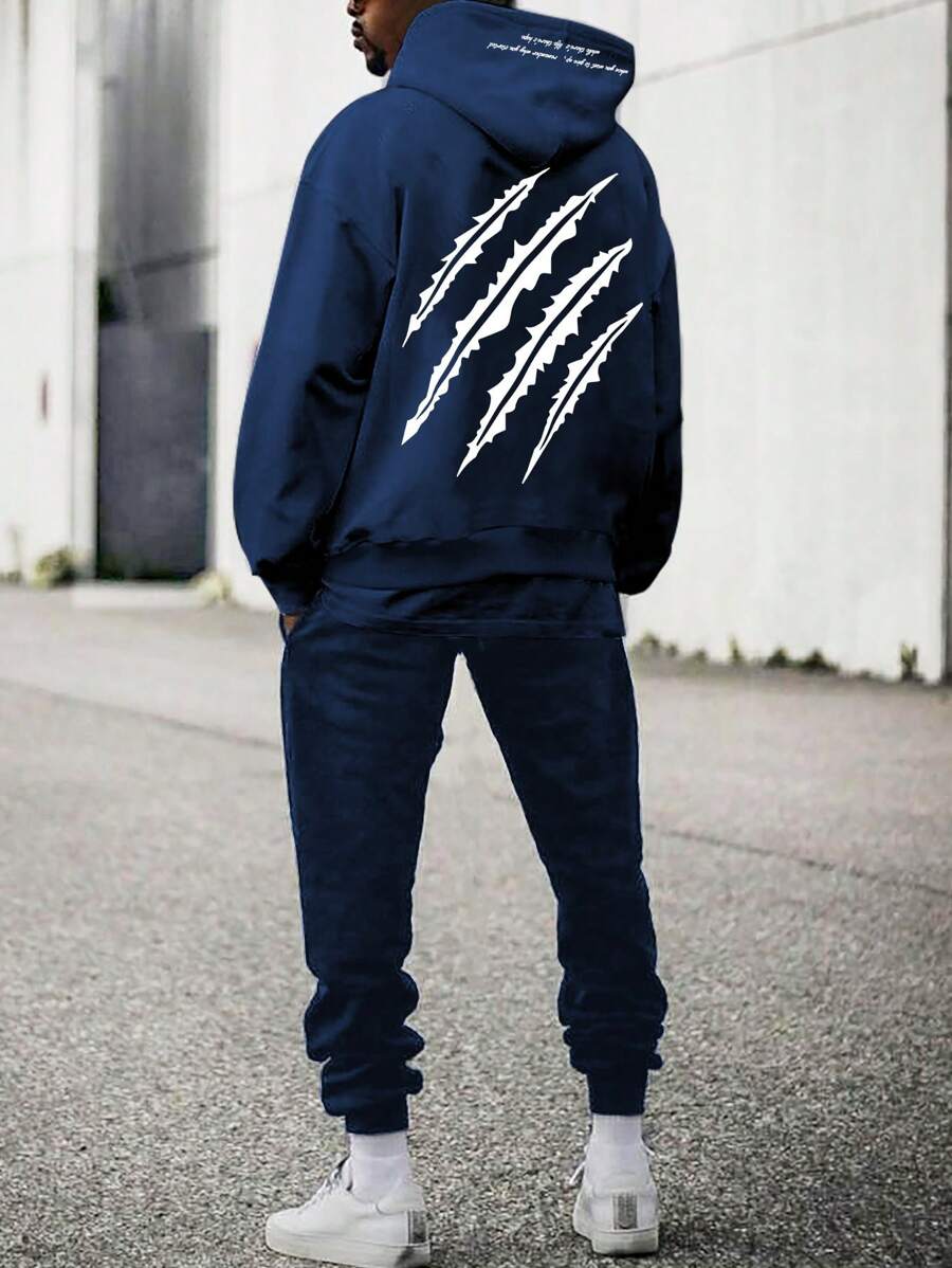 Manfinity Homme Men's Printed Hooded Sweatshirt And Sweatpants Two-Piece Set, Fall Clothes - Navy Blue - View 1