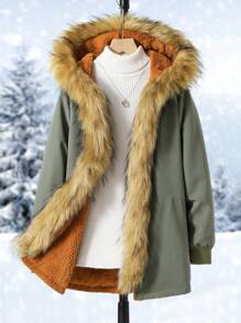 SHEIN Tween Girls Patchwork Furry Hooded Padded Coat - Green - View 1
