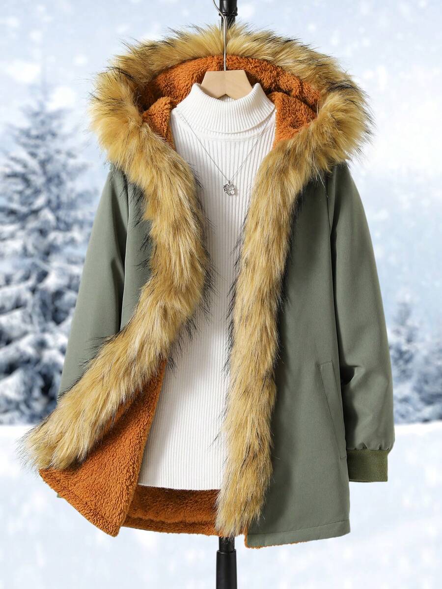 SHEIN Tween Girls Patchwork Furry Hooded Padded Coat - Green - View 1