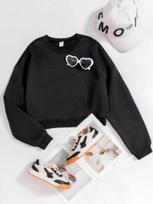 少女保暖内衬落肩长袖运动衫 - 黑色 - 查看 1