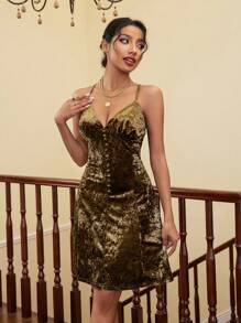 GENKIRA 純色無袖按扣裝飾時尚肩帶連衣裙 - 綠色 - 查看 6