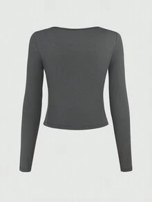 SHEIN Unity Của phụ nữ Hình vuông Đường viền cổ áo Áo thun Áo sơ mi Với Nếp gấp Phần Ngực - Xám - Xem 2