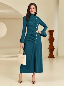 Modelyn Mock Neck Flounce Sleeve Ruched Button Front Dress - Teal Blue - View 1