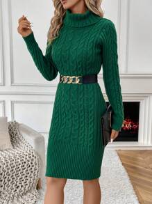 SHEIN Clasi 高領麻花編織毛衣洋裝不附腰帶 - 綠色 - 查看 5