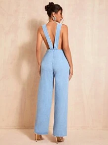 SHEIN BAE 女性無袖牛仔連身褲,附有扣子 - 藍色 - 查看 2