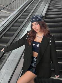 SHEIN EZwear 金屬羈扣西裝外套 - 黑色 - 查看 6