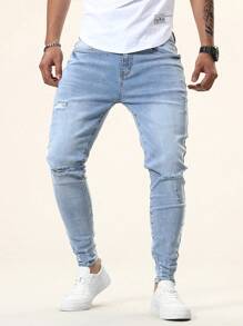 Manfinity Homme Nam Đau khổ Denim mùa giặt Quần jean ôm - Rửa nhẹ - Xem 4