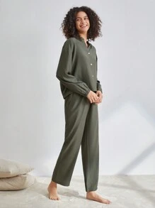 Ocili Leisure Women's Stand Collar Single-Breasted Homewear Top - Army Green - View 7