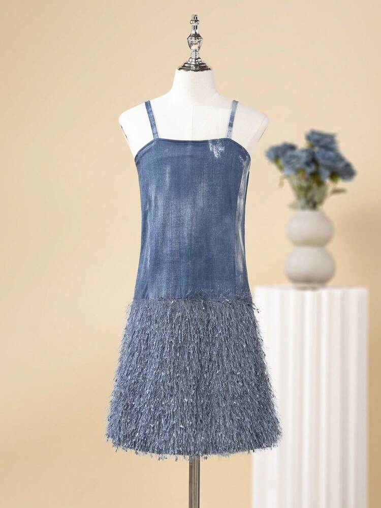 Tween Girl Denim Effect Strap Dress