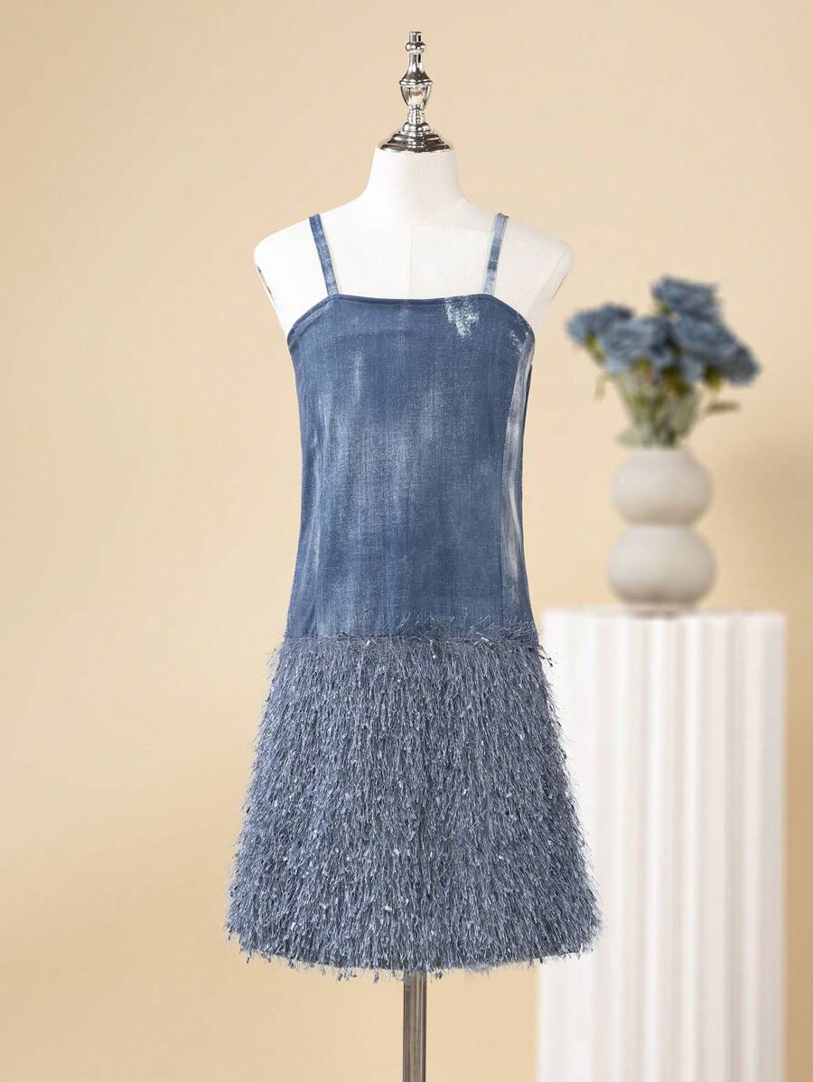 SHEIN Tween Girl Denim Effect Strap Dress - Blue - View 1